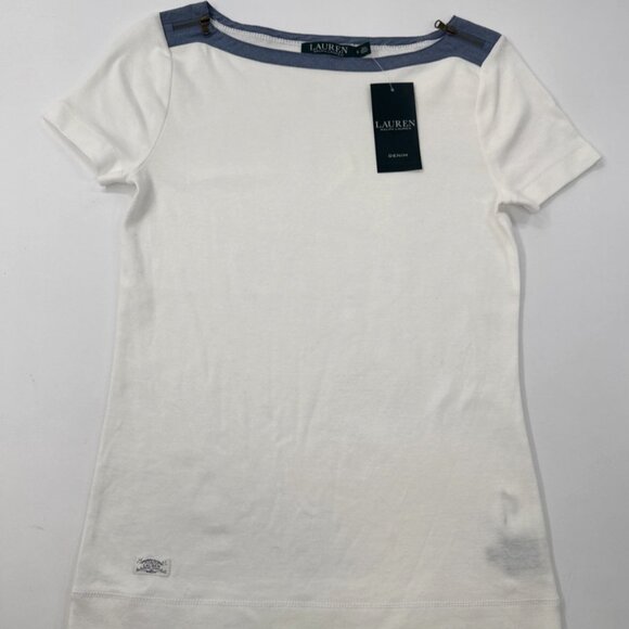 Lauren Ralph Lauren Shirt Small Trim Zip Neck Short Sleeve White Preppy NEW read - Picture 1 of 10